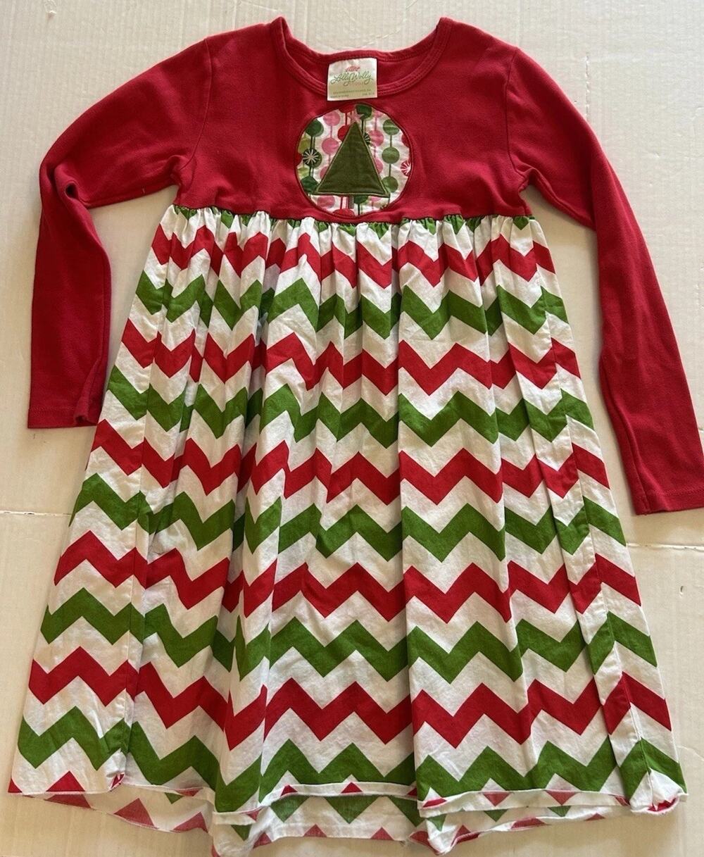Lolly Wolly Doodle Girls Sz 8/9 Red White Chevron Christmas Dress Front Appliqué